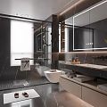 Modern Bathroom Interior With Black Marble Walls Large Mirror Open Shower White Toilet And Vanity
