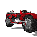 Red Three Wheeled Motorcycle With Black Tires Metallic Exhaust And Black Seat Design