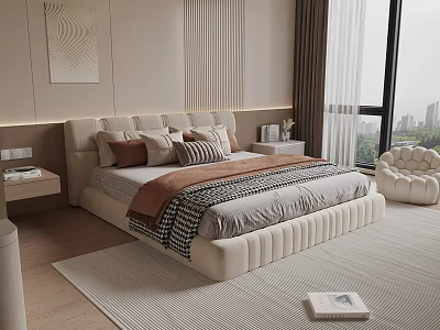 Elegant Modern Bedroom With Large Bed Pillows Blanket And City View Window 3d model