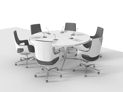 Modern Round Conference Table With Black Swivel Chairs And Built in Microphones 3d model