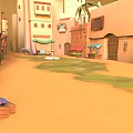 Cartoon Village Alley Scene With Colorful Buildings Market Stalls And Stone Path