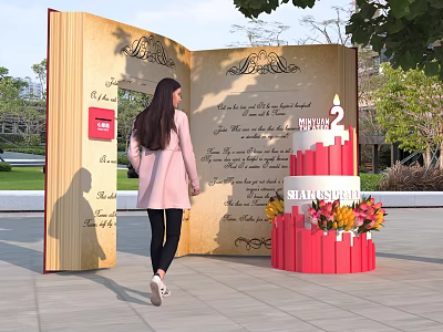 Open Book Installation with Red Cake Number 2 Shamsurhuda and Woman in Pink Coat Outdoor 3d model