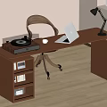 Wooden Home Office Desk With Chair Lamp Laptop Record Player And Storage Shelves