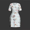 Light Blue Floral Pattern V Neck Short Sleeves Dress With Waist Tie Design