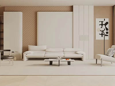 Minimalist Modern Living Room Interior With White Sofa Coffee Table Floor Lamp And Abstract Painting 3d model