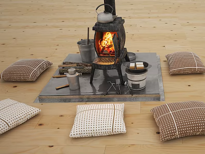 Rustic Stove With Burning Fire Kettle Metal Containers Firewood And Decorative Pillows On Wooden Floor 3d model
