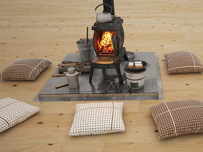 Rustic Stove With Burning Fire Kettle Metal Containers Firewood And Decorative Pillows On Wooden Floor 3d model