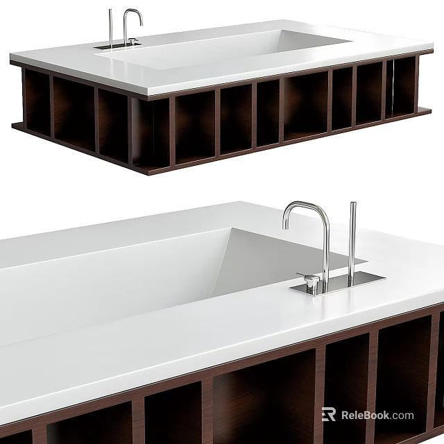 Modern Bathtub Design With White Surface Dark Wooden Base And Faucet 3d model 