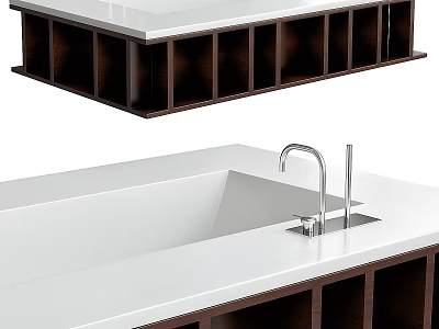 Modern Bathtub Design With White Surface Dark Wooden Base And Faucet 3d model
