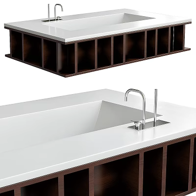Modern Bathtub Design With White Surface Dark Wooden Base And Faucet 3d model