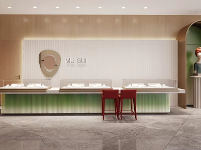 Elegant Jewelry Store Interior Design With Glass Display Counters Red Chairs And Wooden Walls 3d model