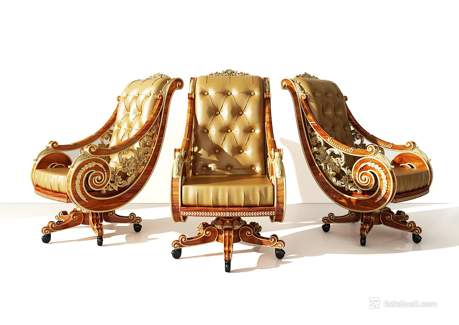 Luxurious Golden Office Chairs With Carved Wooden Frame And Upholstered Seats 3d model 