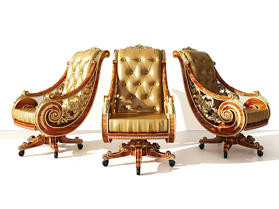 Luxurious Golden Office Chairs With Carved Wooden Frame And Upholstered Seats 3d model