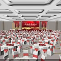 Banquet Hall Interior Design With Red Background Gold Decorations Round Tables White Chairs Red Ribbons