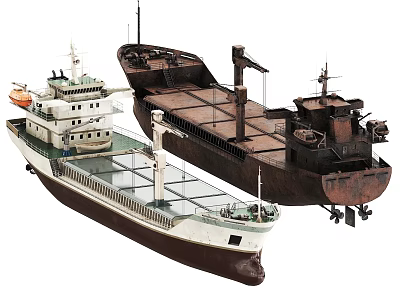 Two Detailed Vintage Cargo Ship Models Featuring White Brown Hulls and Rustic Dark Decks 3d model