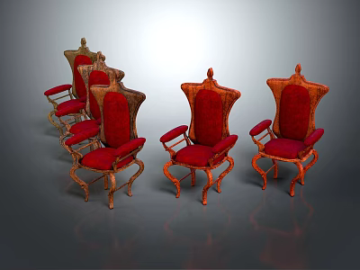 Elegant Vintage Leisure Chairs with Red Upholstered Seats and Ornate Wooden Frames 3d model