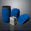 Hardware Storage Tools Blue Barrels Jugs in Various Sizes and White Small Container 3d model