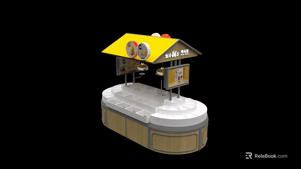 Modern Showcase Shelves With Yellow Roof Circular Base And Food Display Signboard 3d model 