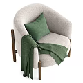 Comfortable Beige Fabric Single Chair With Wooden Legs Green Cushion And Geometric Pattern Blanket