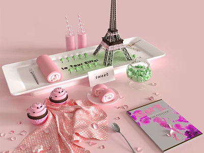 Pink Dessert Platter With Eiffel Tower Model Happy Birthday Sign Cupcakes Rolls And Candy 3d model