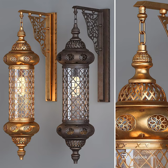 Traditional Wall Lamps With Ornate Metal Frames Cutout Patterns And Glass Shades 3d model 