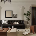 Elegant Living And Dining Room Interior With Black Sofa Coffee Table Decorative Paintings And Chandelier