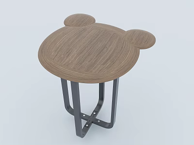 Cute Mickey Mouse Ear Shaped Side Table With Wooden Top And Black Metal Legs 3d model