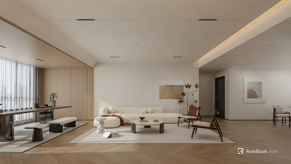 Modern Minimalist Living and Dining Room Interior With Beige Sofa Wooden Flooring And Coffee Table 3d model 