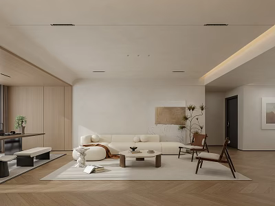Modern Minimalist Living and Dining Room Interior With Beige Sofa Wooden Flooring And Coffee Table 3d model