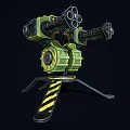 Green Mechanical Weapon with Multiple Barrels Yellow Black Warning Stripes and Support Base 3d model