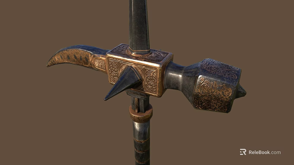 Medieval Ornamental Halberd With Intricate Metal Carvings And Decorative Bronze Details For Historical Warfare 3d model 
