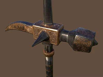 Medieval Ornamental Halberd With Intricate Metal Carvings And Decorative Bronze Details For Historical Warfare 3d model