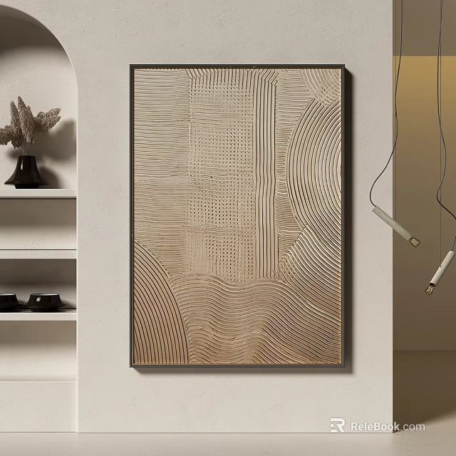 Abstract Textured Wall Art In Modern Interior With Decorative Shelf And Pendant Lights 3d model 