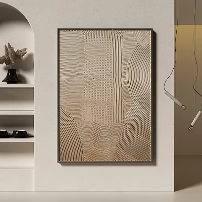 Abstract Textured Wall Art In Modern Interior With Decorative Shelf And Pendant Lights 3d model