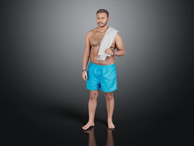 Men's Summer Casual Blue Shorts With Towel Over Shoulder Standing Barefoot On Black Background 3d model