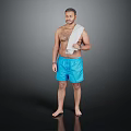 Men's Summer Casual Blue Shorts With Towel Over Shoulder Standing Barefoot On Black Background