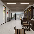 Traditional Chinese Style Hallway With Wooden Furniture Hanging Paintings Bookshelves And Bright Floor