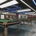 Modern Spacious Billiard Room with Green Tables Blue Ceiling Lighting and Comfortable Sofas 3d model