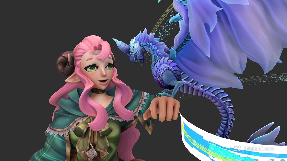 Pink Haired Green Eyed Elf With Blue Winged Dragon Companion in Fantasy World 3d model 