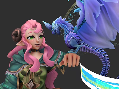 Pink Haired Green Eyed Elf With Blue Winged Dragon Companion in Fantasy World 3d model