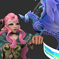 Pink Haired Green Eyed Elf With Blue Winged Dragon Companion in Fantasy World