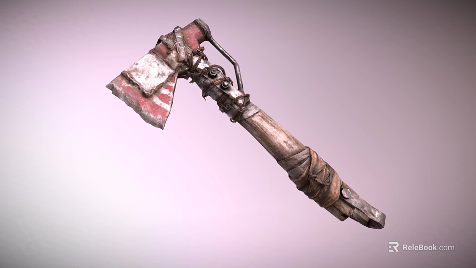 Worn Vintage Axe With Wrapped Wooden Handle And Red White Bladed Head 3d model 