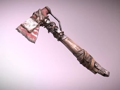 Worn Vintage Axe With Wrapped Wooden Handle And Red White Bladed Head 3d model