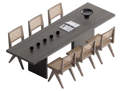 Modern Dark Dining Table Set With Woven Chairs And Black Tabletop Accessories 3d model