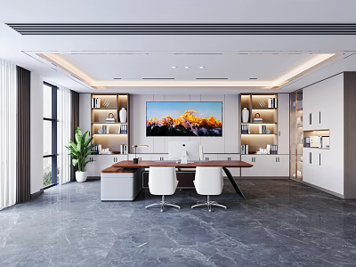 Modern Office Interior With Large Windows Plants Bookshelves Wall Art Desk And White Chairs 3d model