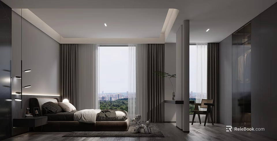 Modern Bedroom Interior Design With Large Window City View Curtains Bed And Wooden Floor 3d model 