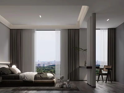 Modern Bedroom Interior Design With Large Window City View Curtains Bed And Wooden Floor 3d model