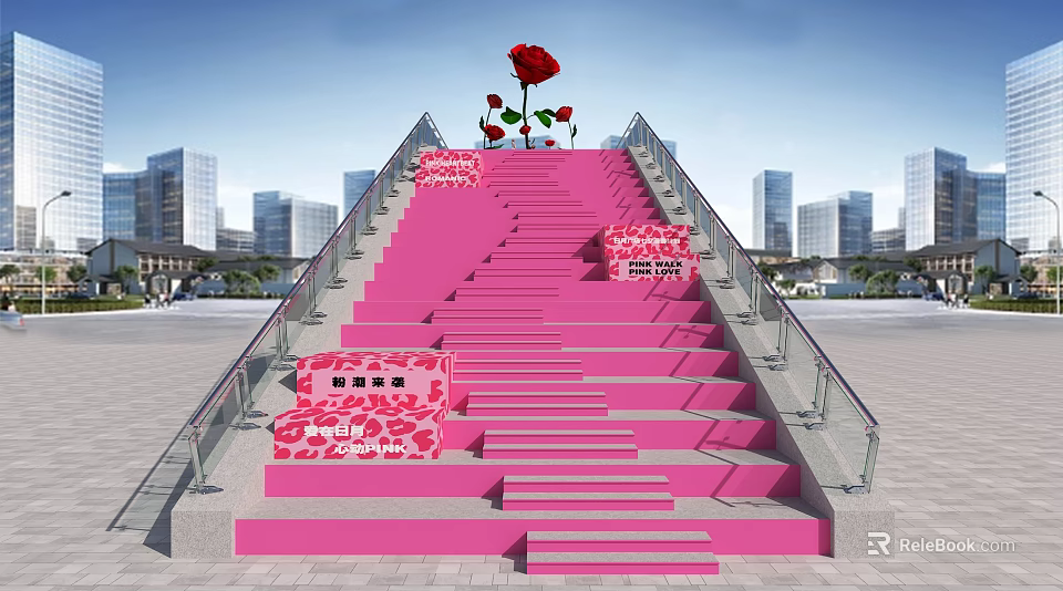 Pink Stairs With Large Red Rose Decorative Signs And Urban City Background 3d model 