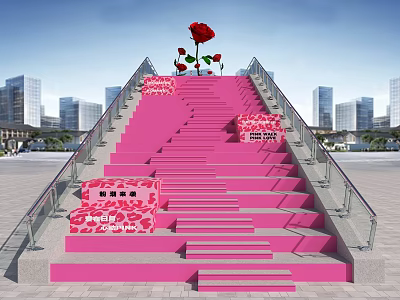 Pink Stairs With Large Red Rose Decorative Signs And Urban City Background 3d model
