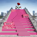 Pink Stairs With Large Red Rose Decorative Signs And Urban City Background